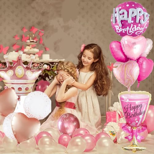 Image of Rose Gold Crown Mylar Balloons And Pink Birthday Large Round Mylar Balloons Set For Birthday Decorations For Women