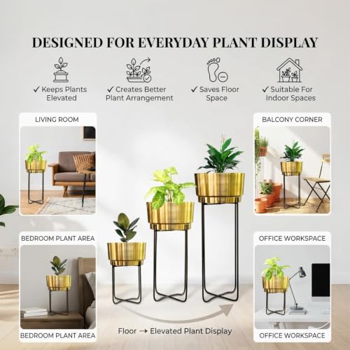 Image of TrustBasket Creata Strong Durable Premium Set of 3 (Gold) Planters for Home Decor - Plant Pots for Home Decor, Indoor Plants Stand for Living Room, Planters for Indoor Plants, Pot for Living Room