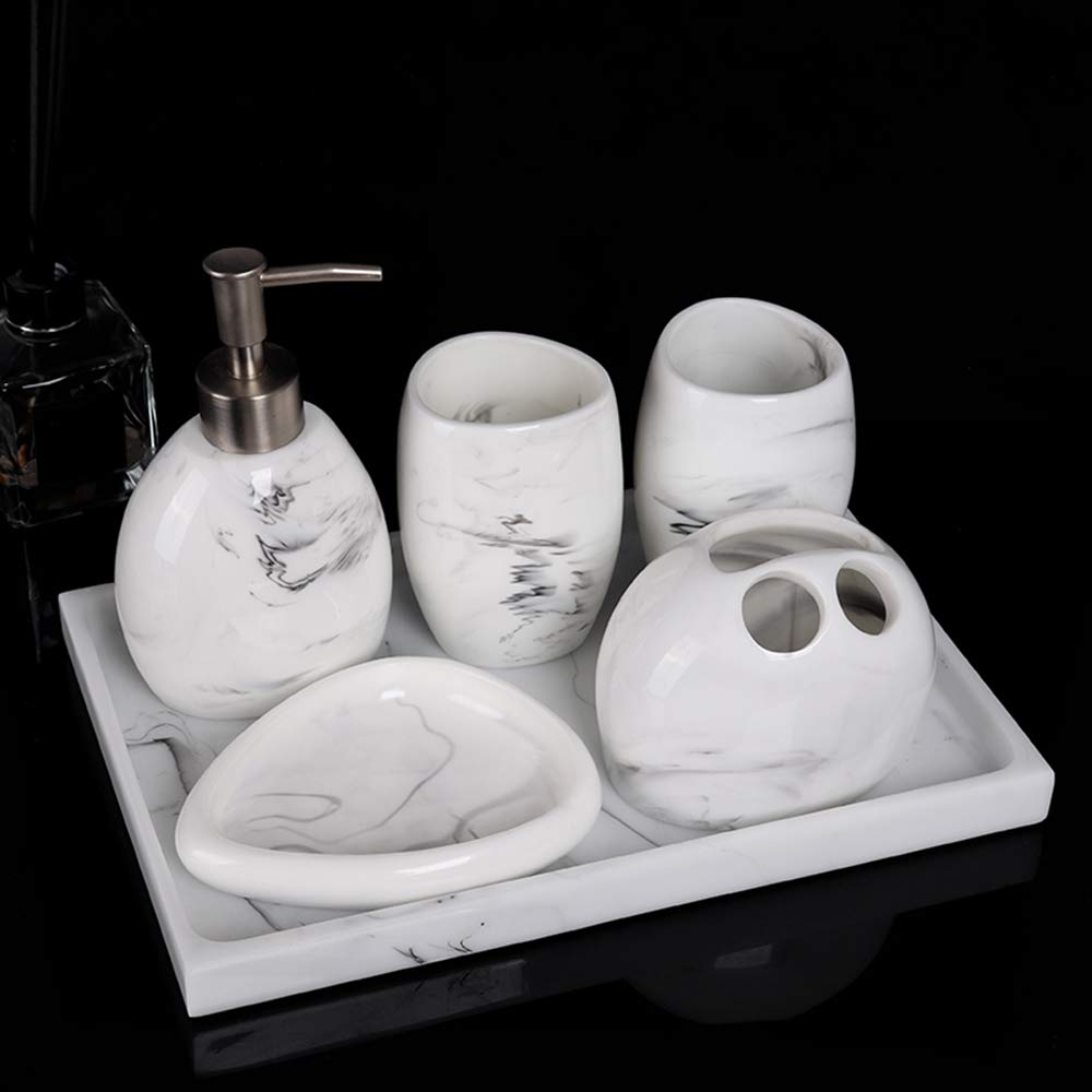 Nórdico Estilo Juego de Accesorios de Baño de Resina Conjunto de Baño con Porta Cepillo de Dientes, 2 Tazas, Dispensador de Jabón Líquido, Jabonera, Tinta Blanca,Resin Tray