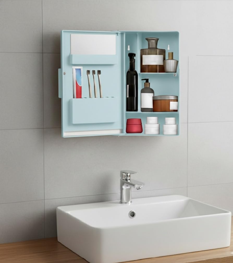zahab Wall Mounted Bathroom Mirror Cabinet with Storage – Plastic Bathroom Organizer with Toothbrush Holder & Shelves for Wash Basin (10 x 14 Inch, Blue)-image-49