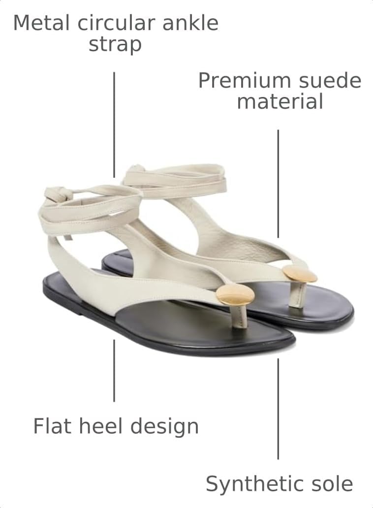 Molozoey Suede Flat Sandals for Women with Metal Circular Ankle Strappy Ladies Fashion Cute Summer Flip Flops WHITE Sandals Dressy., 5.5