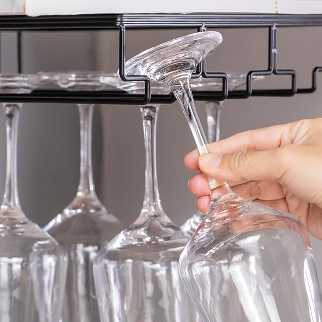 Wine Cup Holder Table Decoration Storage Hanger Metal Organizer for Bar Kitchen Stemware Rack Under Cabinet Stainless Steel Hanger Storage Shelf Black (Black, 3 Rows 2 Packs)
