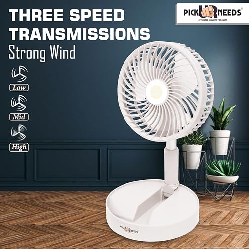 Image of Pick Ur Needs Rechargeable Foldable Small Standing Electric Mini Fan With 3 Mode & LED Light For Home, Bedroom, Office (White)