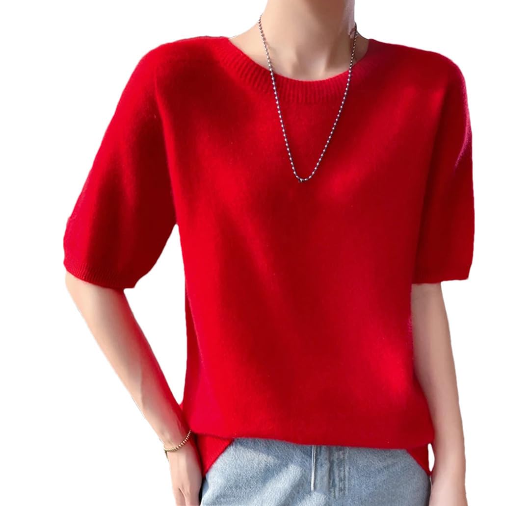 Womens Cashmere Short Sleeved Womens Round Neck Knitted Pullover Casual Short Sleeve Tops