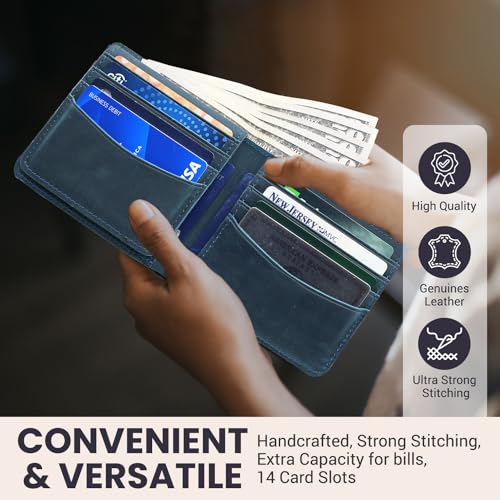 Leather Wallet for Men, Top Grain Leather Mens Bifold Wallets, With Flap Out ID WIndow Holder, Handcrafted, Strong Stitching, Extra Capacity for bills, 14 Card Slots, Gift for Him (Blue)4