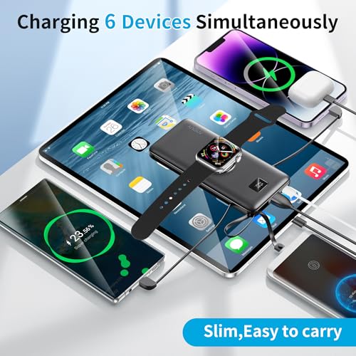 Image of Portable Charger Built-in Cables, AC Wall Plug and Magnetic Wireless iWatch Charger, 10000mAh 22.5W PD Fast Charging Power Bank, Compact Battery Pack Travel Essentials for iPhone /Samsung /Apple Watch