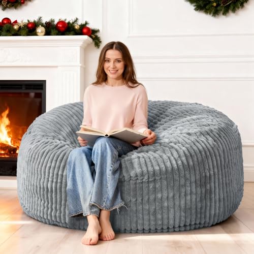 Image of HABUTWAY 5FT Bean Bag Chair, 5' Large Bean Bag Chairs for Adults with Removable Stripe Plush Cover, Memory Foam Beanbag Chair for Living Room Bedroom Dorm (Grey)