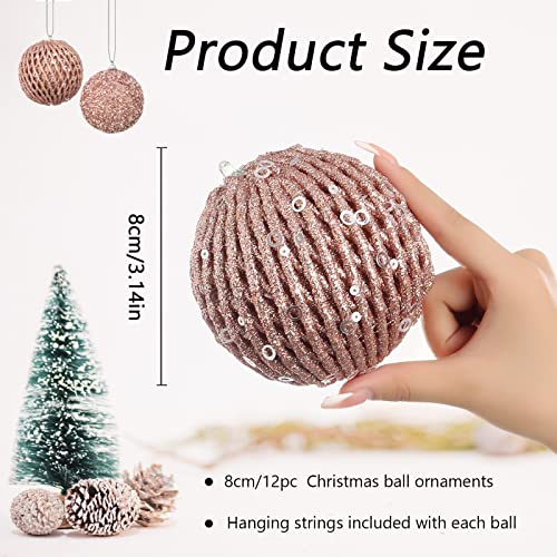 3.15" Christmas Ball Ornaments 12 Pcs Glitter Sequin Foam Ball Shatterproof Christmas Decorations Tree Balls Xmas Hanging Balls For Xmas Trees Wedding Party Holiday Decorations(Rose Gold, 12Pc-8Cm) #TOP1
