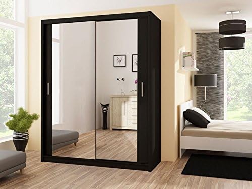 Modern Bedroom Mirror Sliding Door Wardrobe PARIS Black - 4.9ft /150cm Width