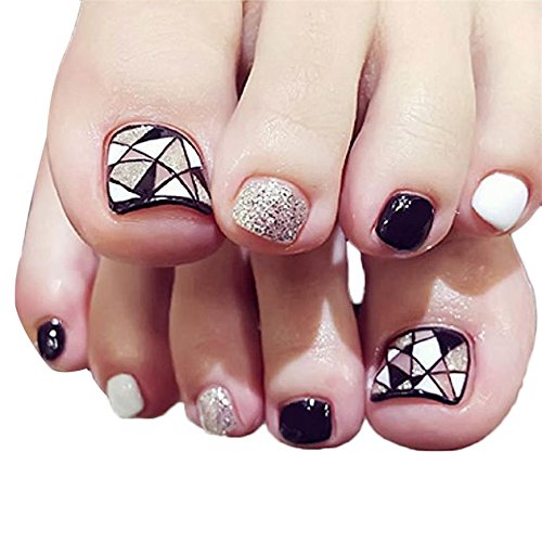 24Pcs Fake Toenails for Women False Toe Nail for Big Toes French Full Cover Square Toe Nail Tips with Glue Sticker (Black White)