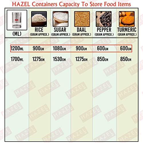 Image of HAZEL Stainless Steel Kitchen Container | 1200 ml Each Transparent Kitchen Container Set with Glossy Finish | Multipurpose Airtight Container for Kitchen Storage organizer, Set of 6