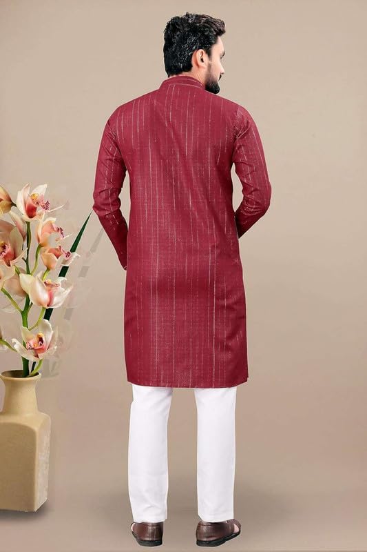 Image of FASHION GALLERY Men's Solid Pattern Polycotton Kurta with Long Sleeve Round Neck Knee Length and Pull On Closure Type|Men Kurta Pajama Set