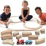 Play22 Wooden Train Tracks - 52 PCS Wooden Train Set + 2 Bonus Toy Trains - Train Sets for Kids - Car Train Toys is Compatible with Thomas Wooden Railway Systems and All Major Brands - Original