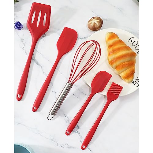 Silicone Rubber Kitchen Supplies Set Baking Tools 5PCS (Small Scraper + Large Scraper + Egg Beater + Leak Spatula + Small Oil Brush) Red - Image 2