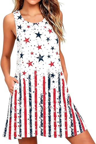 Image of Roshop Womens Juneteenth Flag Sleeveless Dress 4th of July Patriotic Swing Sundress with Pockets