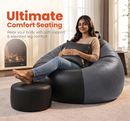 Image of Sattva Classic 2XL Bean Bag Chair with Beans Filled | Faux Leather Sofa Style Beanbags Combo with Footstool & Cushion | Comfortable Bin Bags Sofa for Adults & Home Office Seating - Black & Grey