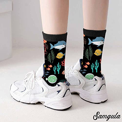 Image of Crew Socks for Woman Size 6-8 Tropical Wildlife Bright Teal Girls Socks
