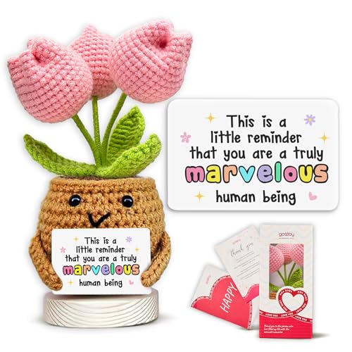 Image of Gossby Handmade Positive Tulip Flower Crochet - This is A Little Reminder - Inspirational Gift for Women - Thank You, Appreciation, Positive Gift for Teacher, Mom, Friend, Coworker - Knitted Decor
