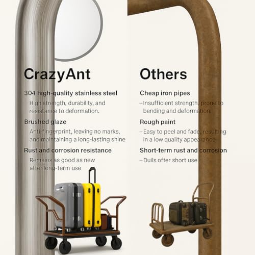 Hotel Luggage Cart,600 lbs Bellman Trolley, 47"x25"x77" Brushed Stainless Steel, 8" Silent Rubber Pneumatic Wheels, Nylon Carpet Deck Bumper Rails – for Hotels, Resorts & Condos (Hand Push)3