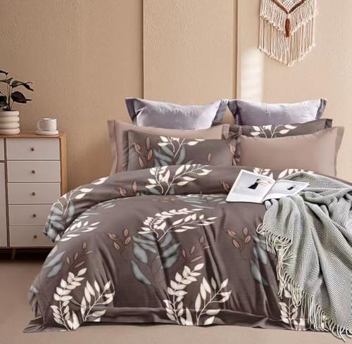 Image of DECOR2ADMIRE 300TC Premium Glace Cotton Printed Super King Size Double Bedsheet with Two Pillow Covers, 108 * 108 Inches or 9ft by 9ft or 275 cm x 275 cm (Leaf Whisper)