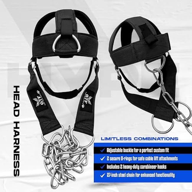 QTF Neck Harness Weight Lifting Training, Neck Builder Thick Neoprene Padded Adjustable Chin & Head Strap, Neck Workout Head Harness Heavy Duty Steel Chain