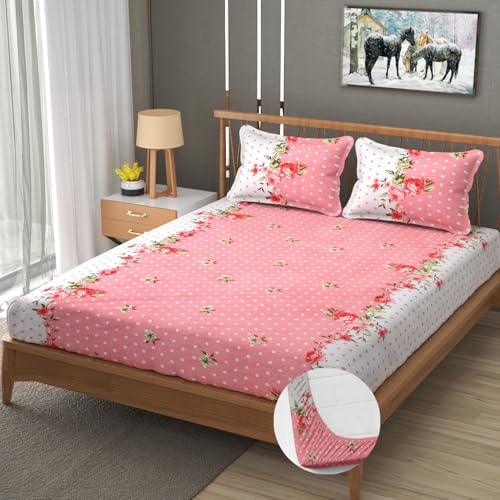 Image of Premium Heavy Cotton Elastic Fitted Bedsheets with 2 King Size Pillow Covers || Double Bed with All Around Elastic 350 TC || 72 x 78 x 10 Inch King Size Fitted || - Pink Dot