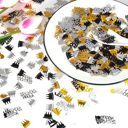 Image of Gold and Black Happy Birthday Confetti, 3000 Pcs Birthday Cake Table Metallic Foil Confetti Party Table Decor for Party, Baby Shower, DIY Arts and Crafting