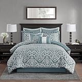Madison Park Odette Cozy Comforter Set Jacquard Damask Medallion Design - Modern All Season, Down Alternative Bedding, Shams, Decorative Pillows, Cal King(104 in x 92 in), Aqua