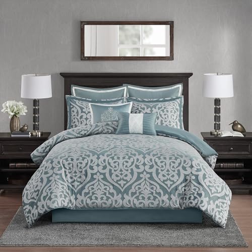 Image of Madison Park Modern Jacquard Damask Medallion Comforter Set, 8PC King | All Season Down Alternative Bedding with Comforter, Shams, Bed Skirt, Decorative Pillows, Aqua