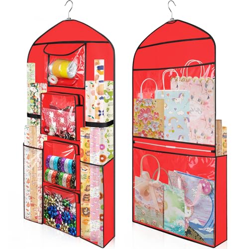 Woodoulogy Hanging Gift Wrapping Paper Storage, 48x24 (Extra Large) Red Double-Sided Christmas Wrapper Bag Container, Oxford Long Craft Roll Organizer, Present Wrap Holder for Closet, Door