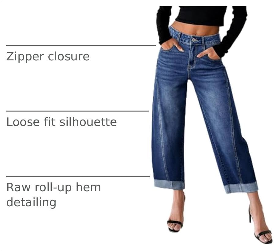 Image of Sidefeel Barrel Jeans for Women High Waisted Wide Leg Baggy Stretchy Trendy Raw Rolled Hem Capri Cropped Ankle Denim Pants