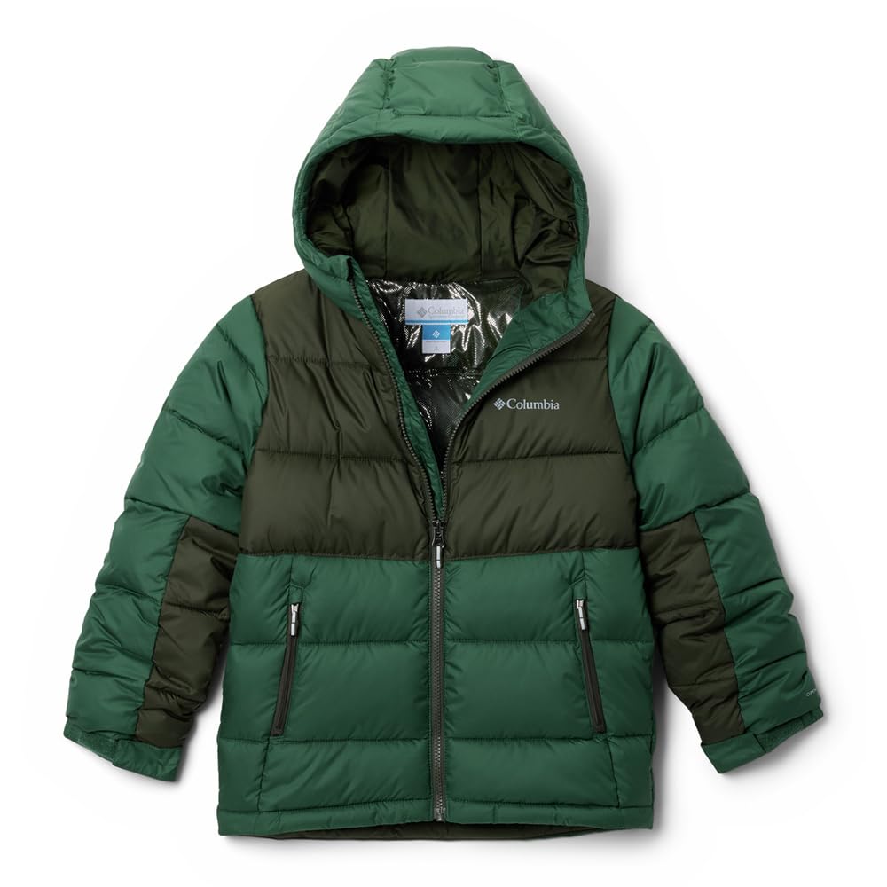 Columbia Youth Unisex Pike Lake 2 Hooded Jacket, Hooded Puffer Jacket, Rain Forest, Greenscape, XXS