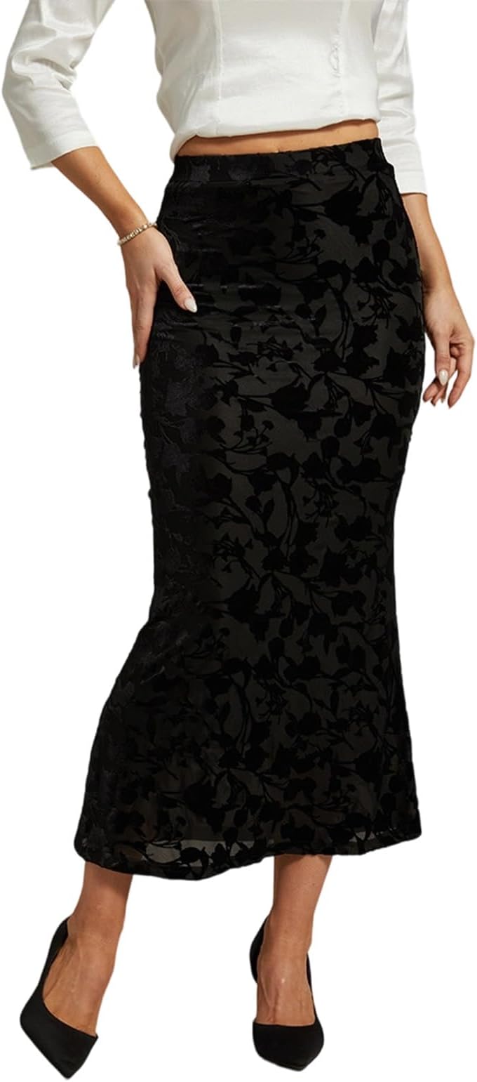 Women's High Waist Velvet Floral Mermaid Maxi Skirt Elegant Bodycon Fishtail Long Skirts for Evening Party