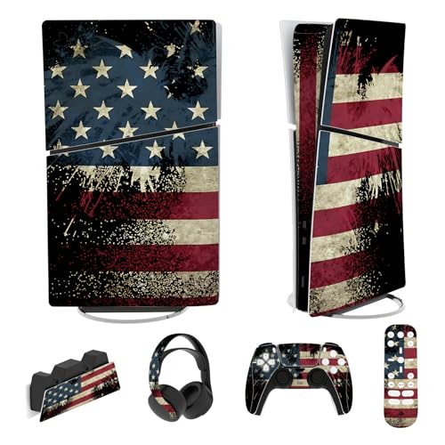 PlayVital Adhesivo Completo para ps5 Slim Digital Edición - Pegatina de Vinilo para Consola, Mando, Auriculares, Estación de Carga y Control Remoto, Protector Duradero (Bandera de US)