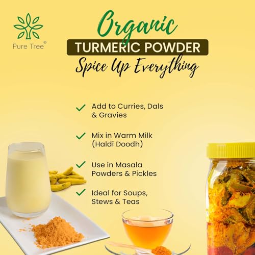 Image of Pure Tree Certified Organic Haldi Powder | 200 g | Glass Jar | Turmeric Powder | Spice Masala Powder Raw for Milk | Strong Antioxidant