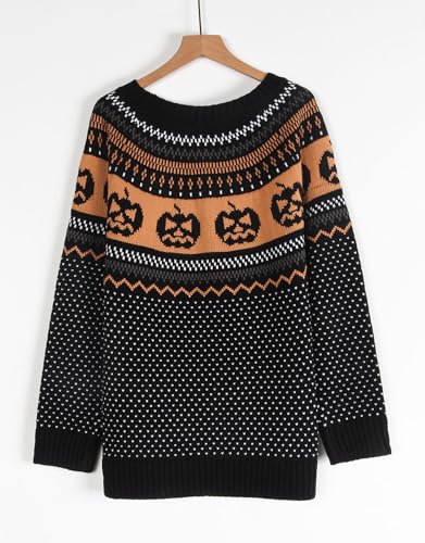 Image of Women's Fair Isle Sweaters Long Sleeve Crew Neck Loose Casual Halloween Pullover Sweater Black Small