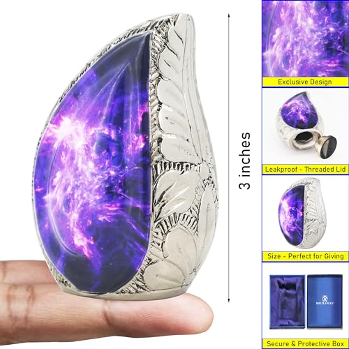 M MEILINXU Urne für Asche für Frauen und Männer, kleine Urnen für menschliche Asche, Tropfenform, dekorativer Einäscherungsbehälter, lila kosmische Galaxie, Aurora Borealis, Mini-Tropfen-Urne –