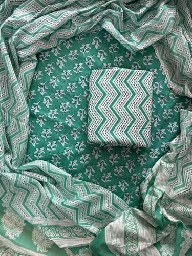 Image of Eddika women unstitched hand block printed cotton suit set with mulmul dupatta ehbpcswmd0120P