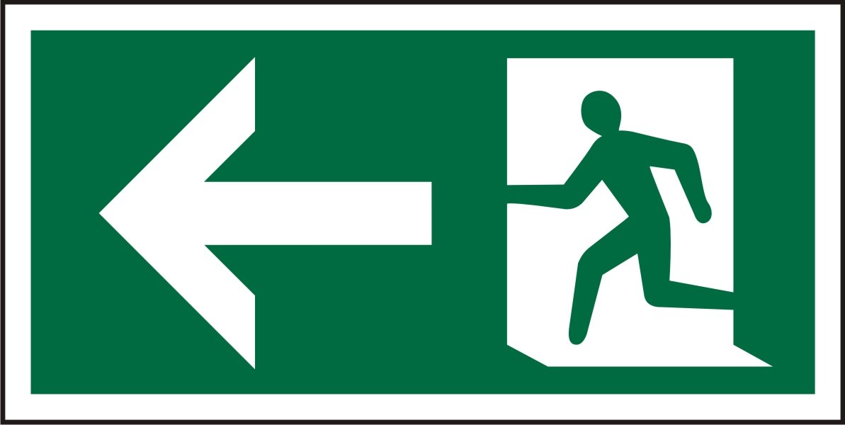 Seco Fire Exit - Arrow Pointing Left & Man Running Left Pictogram Sign, 300mm x 150mm - 1mm Semi Rigid Plastic