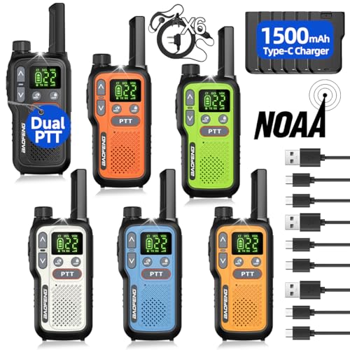 Walkie Talkies 6 Pack Long Range for Adults Rechargeable FRS Cruise Walkie Talkies with Earpiece Portable NOAA Emergency 2 Way Radios with 1500mAh Flashlight USB-C Charger for Family Camping