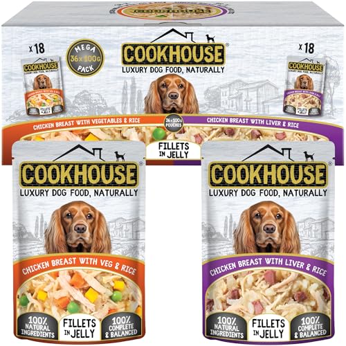 COOKHOUSE 100% Natural & Complete Luxury Wet Dog Food - 36 x 100g Pouches - Chicken Breast with Vegetables & Rice/Chicken Breast with Liver & Rice - Fillets in Jelly