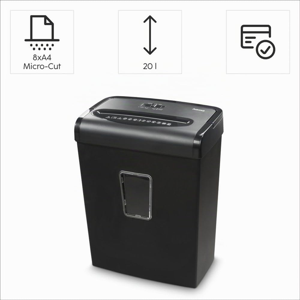 Hama |Trituradora de Papel Premium M8 Nivel Seguridad E-4,P-5,T-5,20L,Negro | Dimensiones 32,5 x 20,8 x 42 cm, MAX. Nivel de Ruido: 68 db, MAX. Velocidad de Corte: 2 m/min