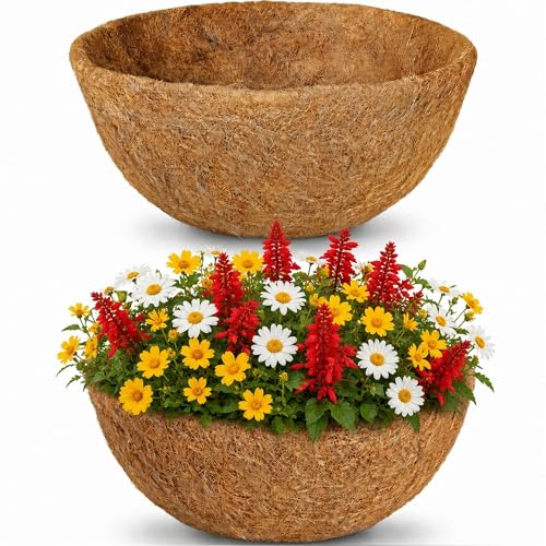 HFHOME 2 Pack 16 Inch Coco Liners for Planters, Natural Coconut Liners for Hanging Baskets, Round Coconut Fiber Liner Replacement for Flowers, Vegetables, Outdoor Planters, Patio, Porch, Balcony