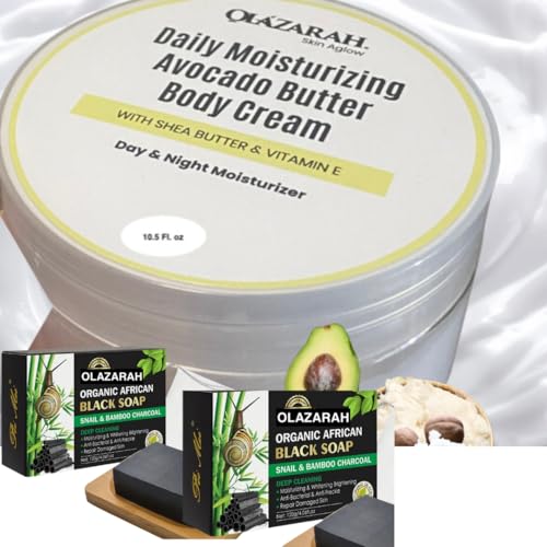 OLAZARAH Avocado Butter Body Cream w/Shea Butter + Natural African Black Soap Infused with Snail & Bamboo Charcoal for Revitalizing Skin Nourishment Bundle, for all skin types, 12 oz