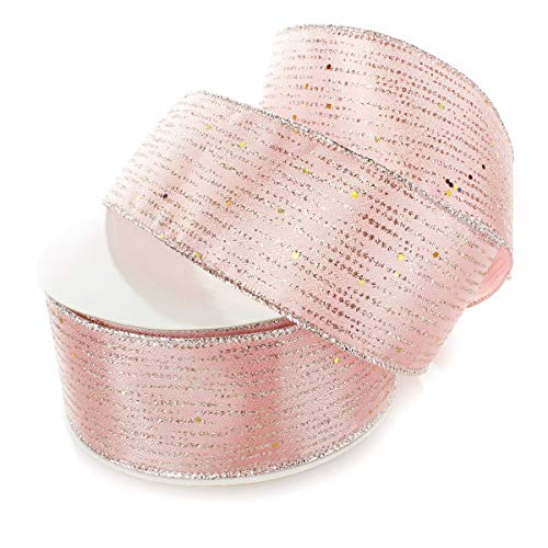 Ribbon Traditions Horizontal Glitter/Sequin Stripes Solid Wired Ribbon 2 1/2 Inch by 10 Yards - Rose Gold/Silver