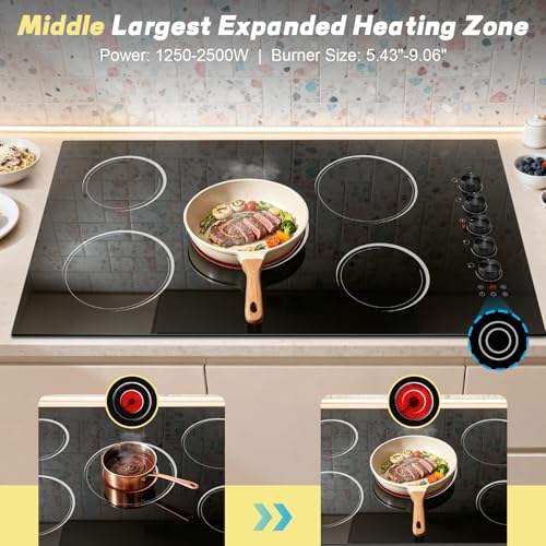 Image of 36 Inch Electric Cooktop 5 Burner 8400W Electric Stove 30'' Built-in Ceramic Stovetop with Knob Control, 9 Power Level, Safety Lock, Expanded Ring, 220V-240V Hard Wird (No Plug)