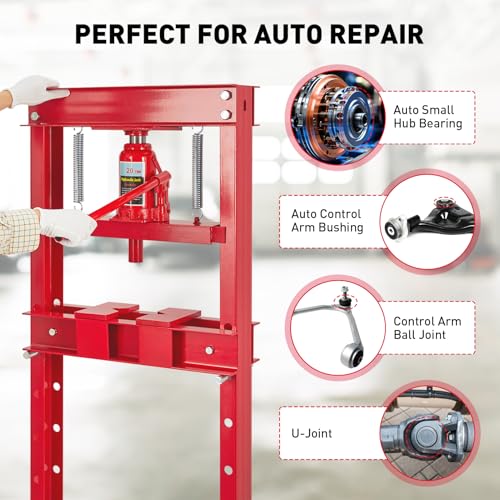 Garvee 20T Hydraulic Press, Hydraulic Shop Press, H-Frame Benchtop Hydraulic Press with 2 Press Plates, Garage Floor Shop Press, Adjustable Work Table Height, Heavy Duty Press, Red