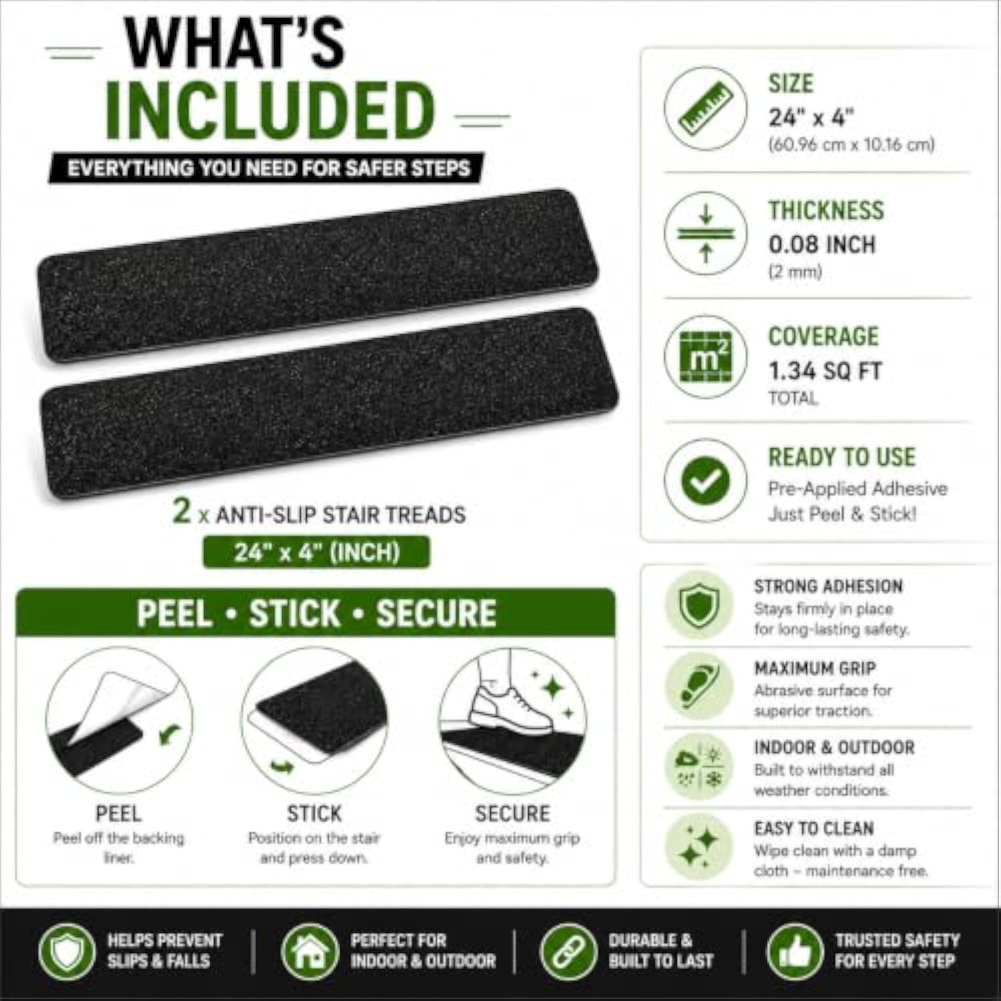 Anti Slip Stair Treads, 24 x 4, Black, 2 Pack