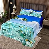 Loussiesd Strand Steppdecke für Kinder Frauen Mädchen Tropisch Ozean Fisch Bettüberwurf Hawaiian Meer Tier Drucken Tagesdecke 240x260cm Wohndecke Mikrofaser Sommer Urlaub Palme mit 2 Kissenbezug Blau