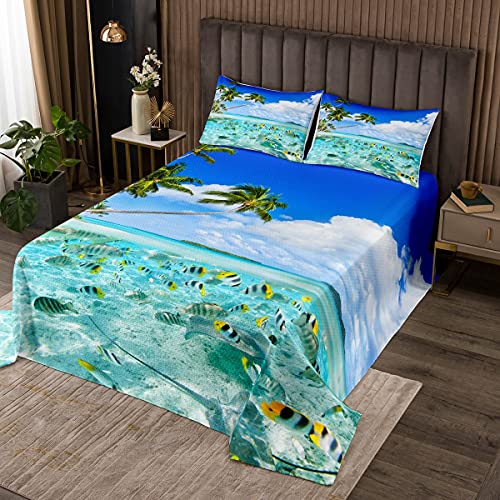 Loussiesd Strand Steppdecke für Kinder Frauen Mädchen Tropisch Ozean Fisch Bettüberwurf Hawaiian Meer Tier Drucken Tagesdecke 240x260cm Wohndecke Mikrofaser Sommer Urlaub Palme mit 2 Kissenbezug Blau